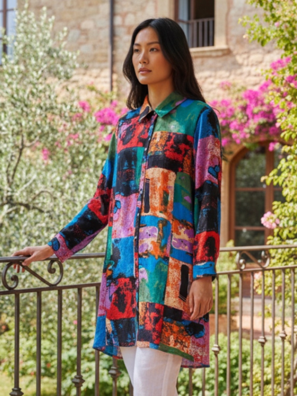 Calessa Dress Long Tunic Sz Large 12 14 Art to Wear Vibrant Patchwork Flowy Boho